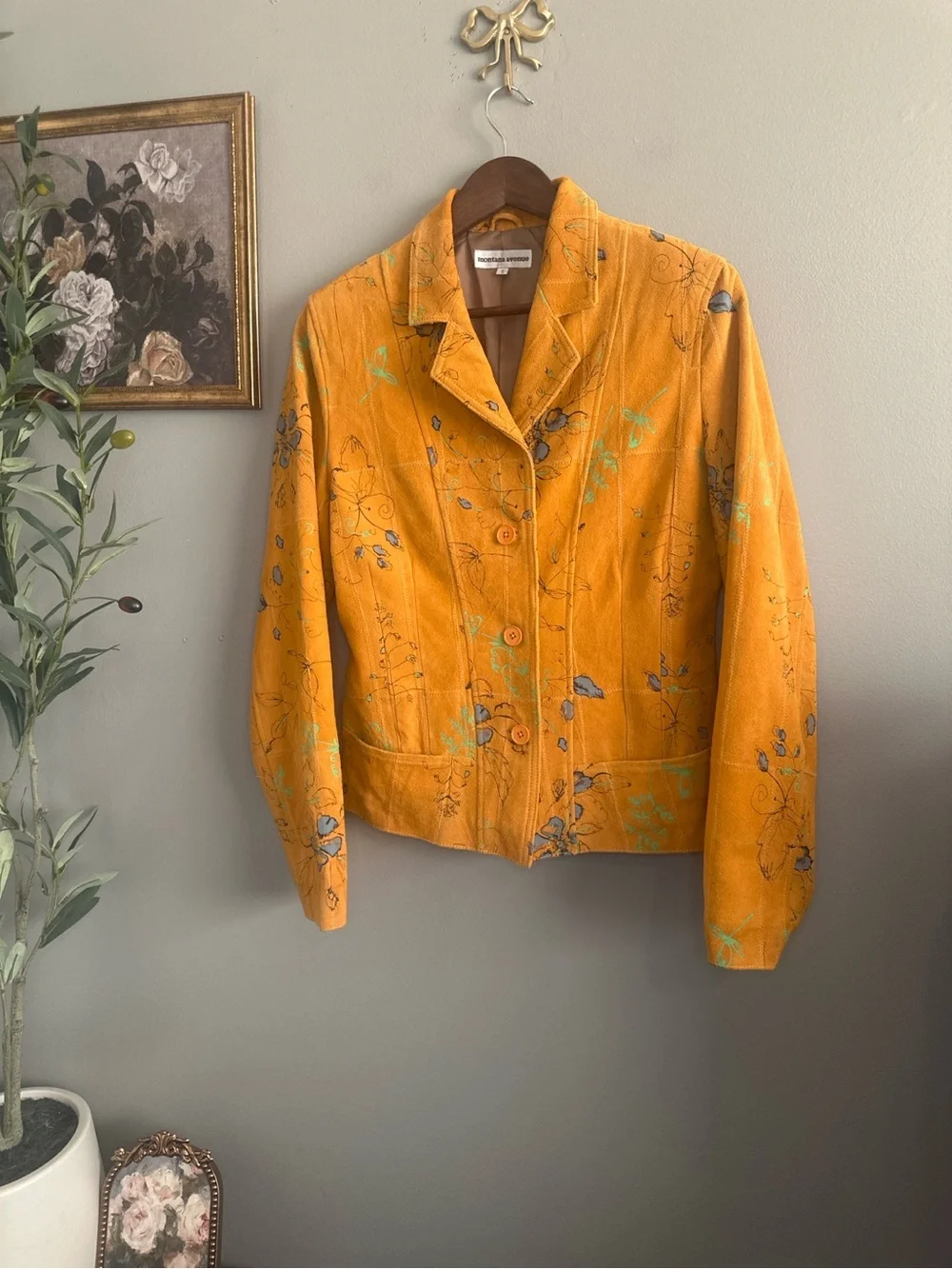 Montana Avenue Mustard Suede Feel Floral Jacket Small Boho Vintage